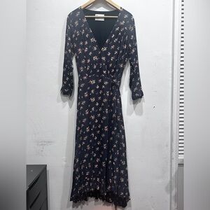 Leon & Harper wrap navy blue floral midi dress 3/4 sleeve cottage core medium